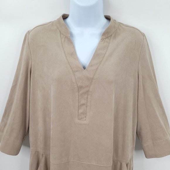 Conrad C Collection Womens Tunic Top Faux Suede Size 10 Taupe Pockets V-Neck - Picture 4 of 12